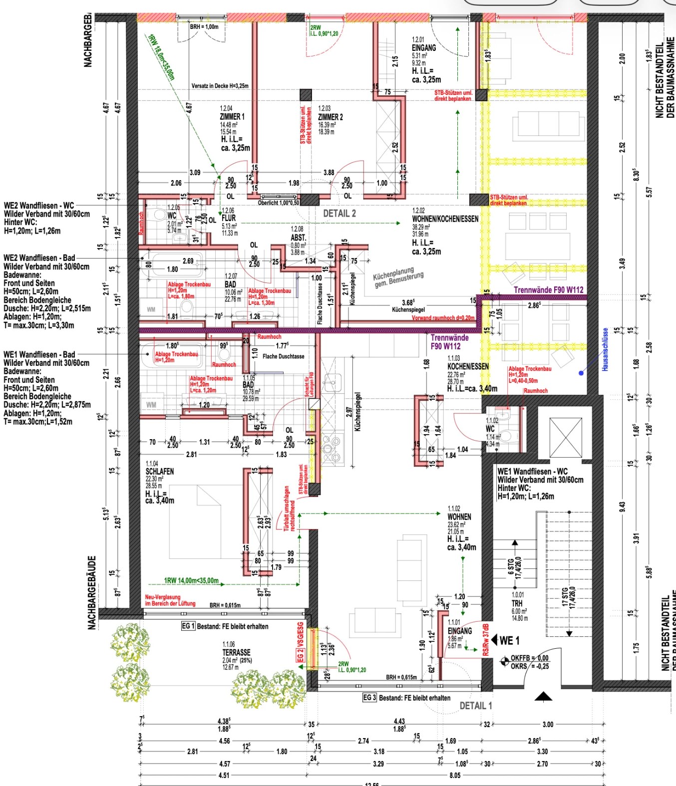 Architekturgrundriss einer Wohnung mit Wohn-, Koch- und Essbereich