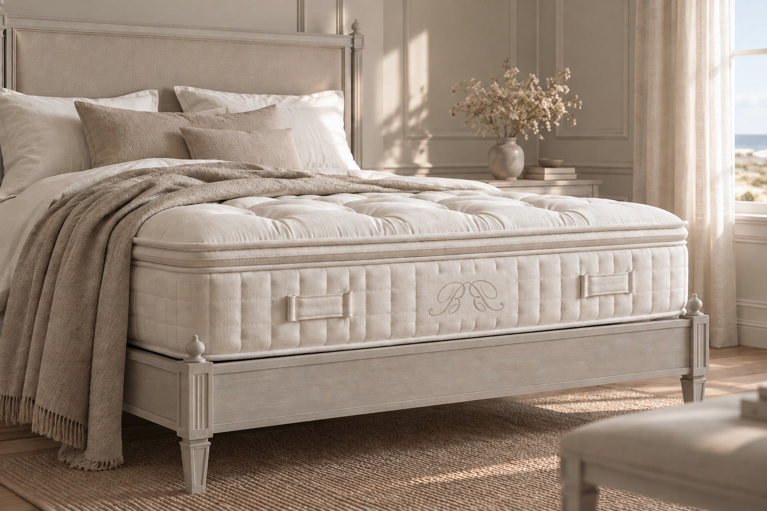Bett und Matratze mit Bernhardts-Interior-Monogramm