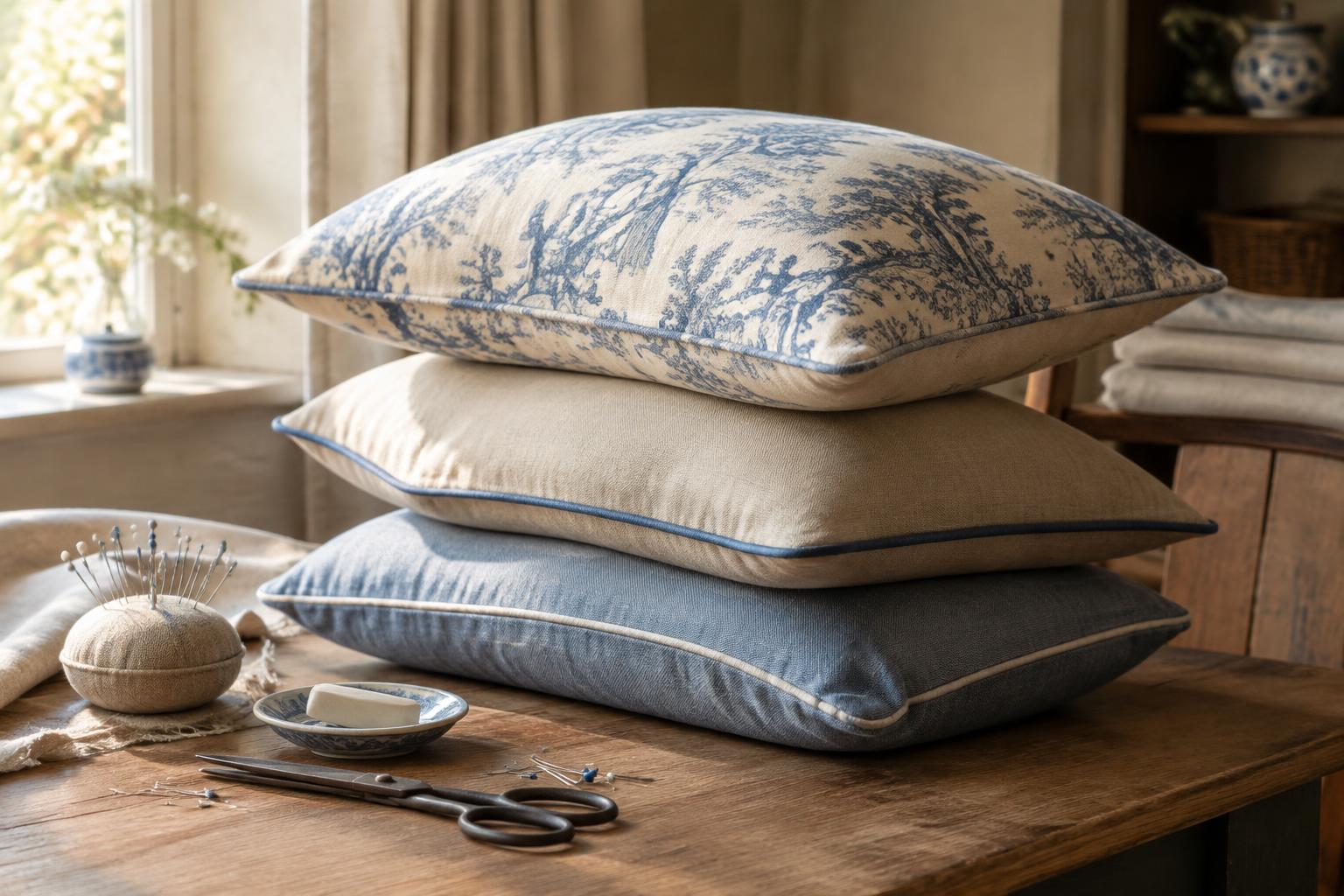 Handgenähte Leinenkissen mit Keder und Toile de Jouy